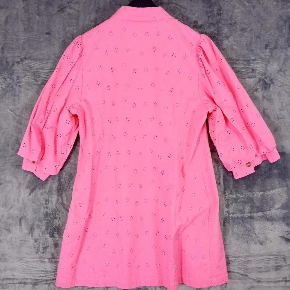 Vince Camuto Dress Womens 14 Pink Eyelet Button Front Cotton Shirt Puff Sleeve - Picture 2 of 11